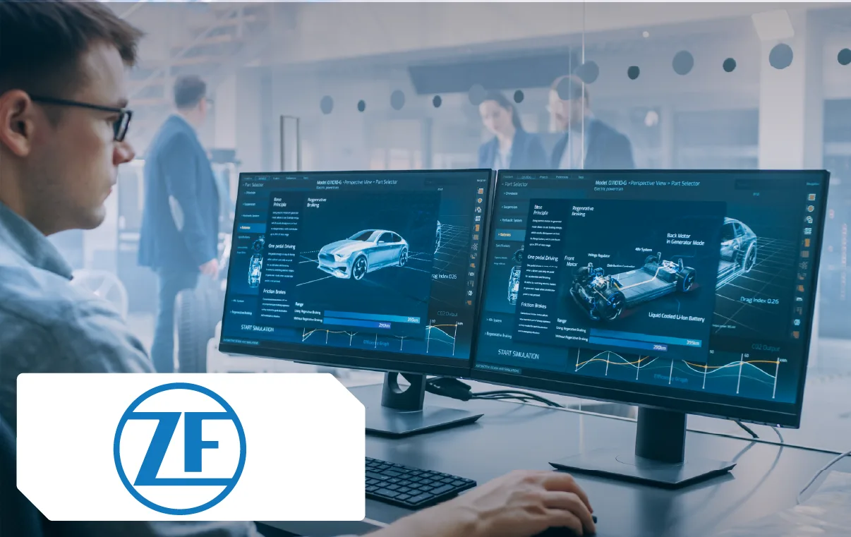 ZF logo over an image of a man working at computers.