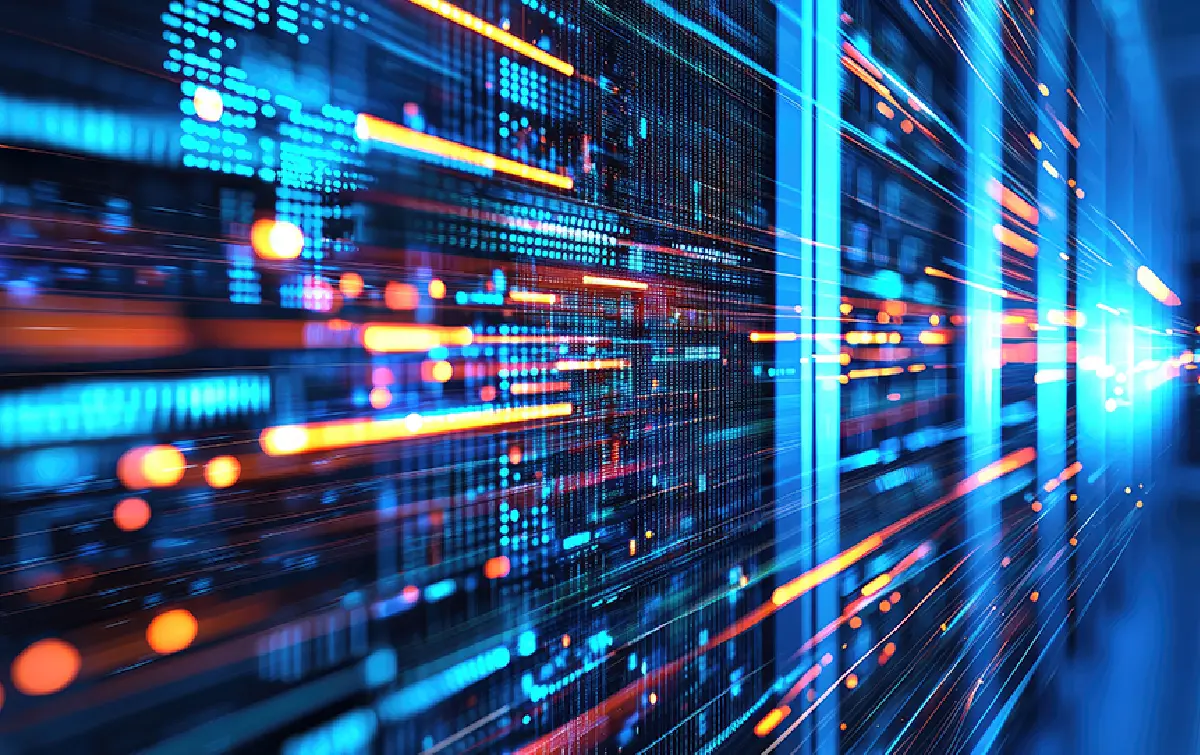 Abstract digital data stream with blue grid and orange light trails.