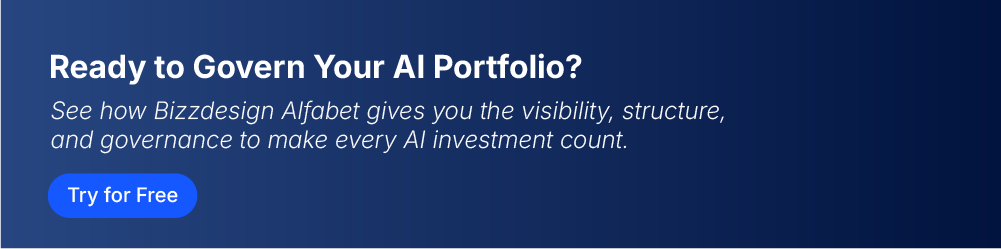 A call to action card reading "Ready to Govern Your AI Portfolio?" inviting readers to see how Bizzdesign Alfabet provides the visibility, structure, and governance to make every AI investment count, with a link to request a free trial.