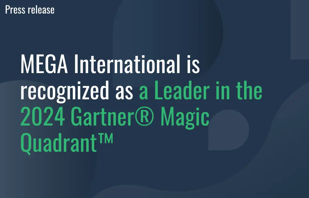 White and green text on dark blue background: Press release - MEGA recognized as a leader in the 2024 Gartner Magic Quadrant