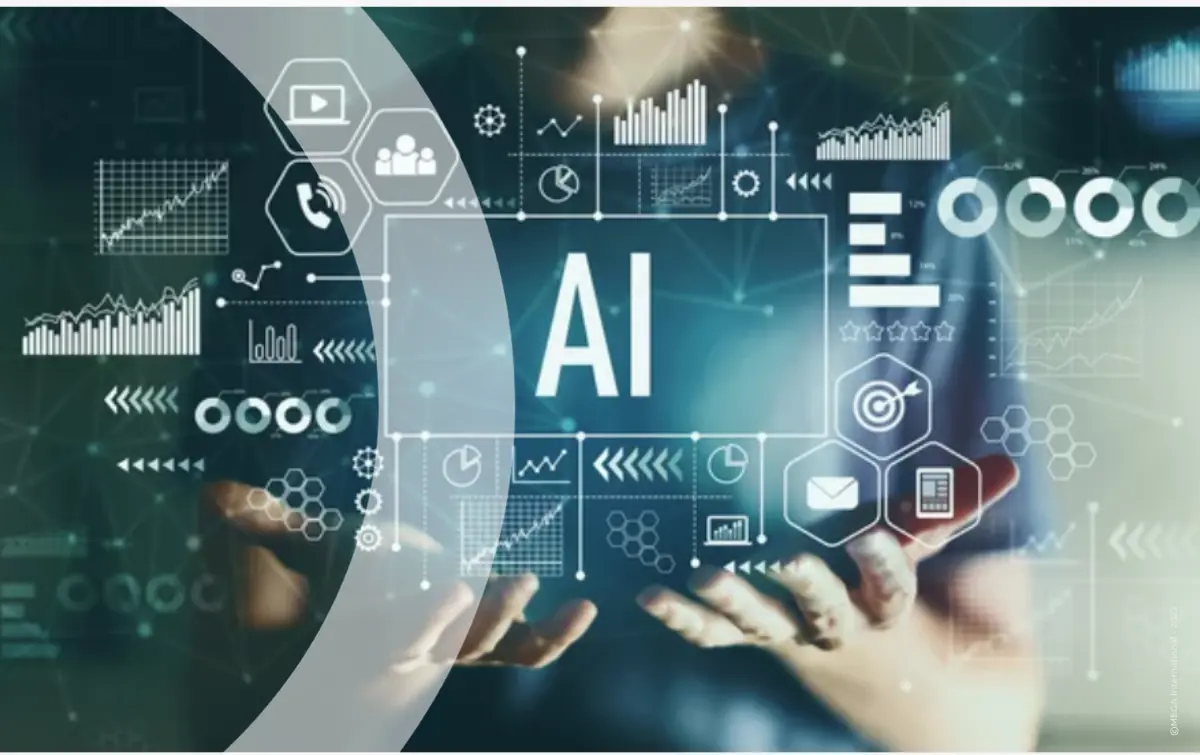 The word AI is written in the center of the image with a person holding a laptop in the background